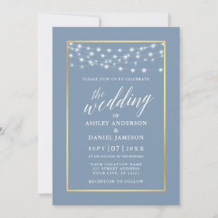 Calligraphy Dusty Blue String Lights Gold Wedding Einladung