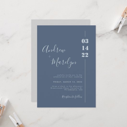 Calligraphy Dusty Blue und Gray Foto Wedding Einladung (Vorderseite/Rückseite Beispiel)