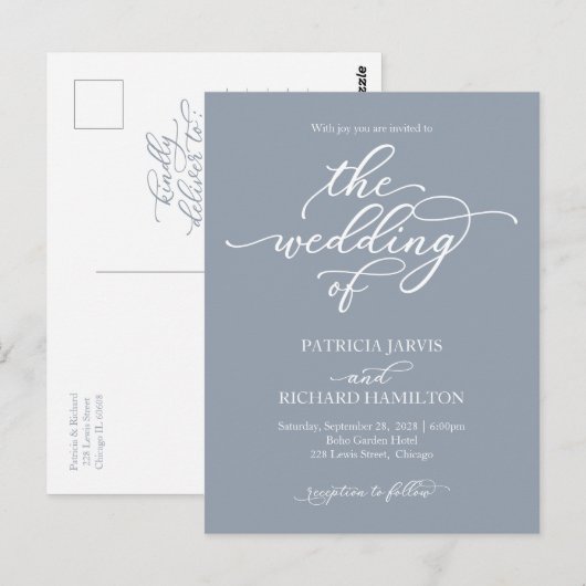 Calligraphy Dusty Blue Wedding Einladung Postkarte (Vorne/Hinten)