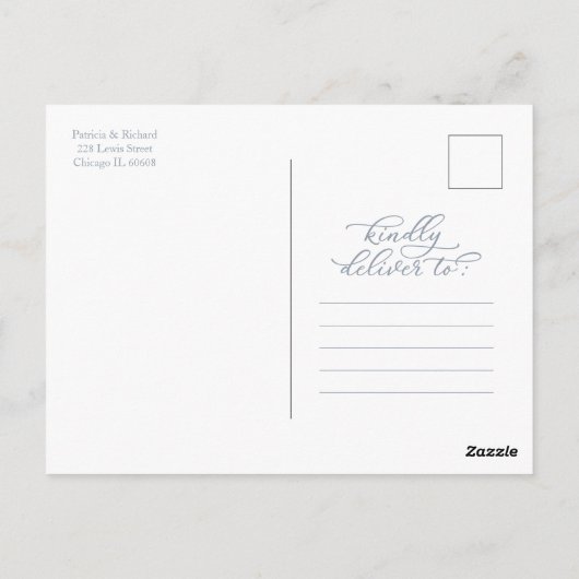 Calligraphy Dusty Blue Wedding Einladung Postkarte (Rückseite)