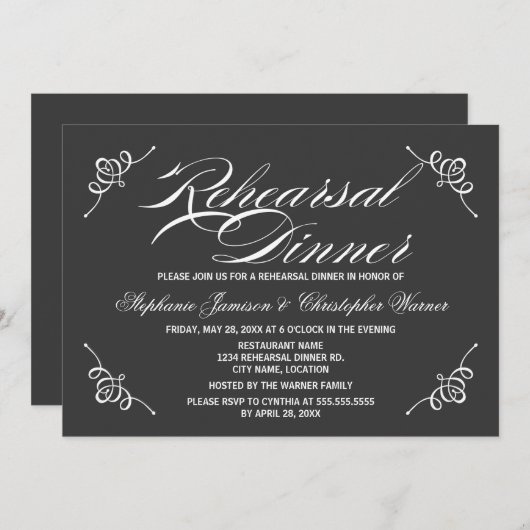 Calligraphy Elegance Grau Probe Abendessen Einladung (Vorne/Hinten)