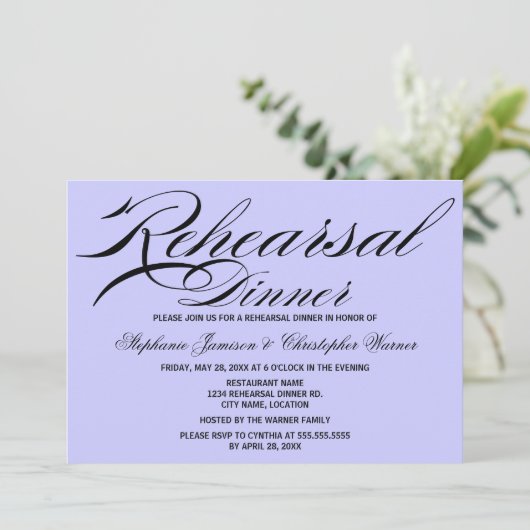 Calligraphy Elegance Lilac Probe Abendessen Einladung (Stehend Vorderseite)