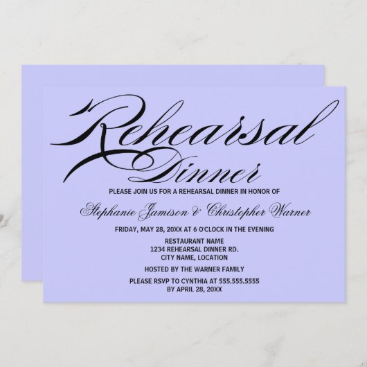 Calligraphy Elegance Lilac Probe Abendessen Einladung (Vorne/Hinten)