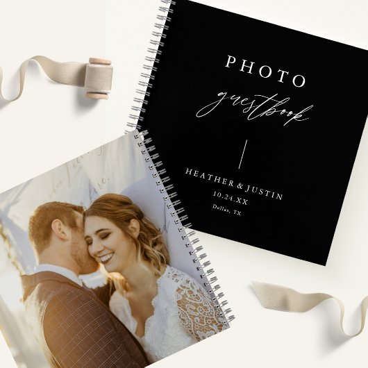 Calligraphy Elegant Black Wedding Foto Gästebuch Notizblock