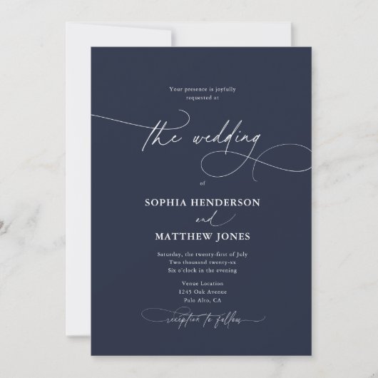 Calligraphy Elegant QR Code Navy Blue Wedding Einladung (Vorderseite)
