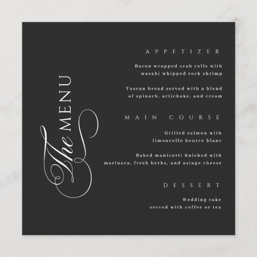 Calligraphy Elegant Square Black Wedding Menu Menükarte (Vorderseite)