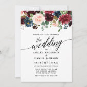 Calligraphy Floral Burgundy Blue Foto Wedding Einladung (Vorderseite)