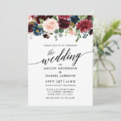 Calligraphy Floral Burgundy Blue Foto Wedding Einladung (Stehend Vorderseite)