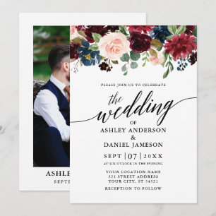Calligraphy Floral Burgundy Blue Foto Wedding Einladung