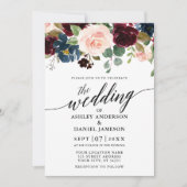 Calligraphy Floral Burgundy Blue Pink Wedding Einladung (Vorderseite)