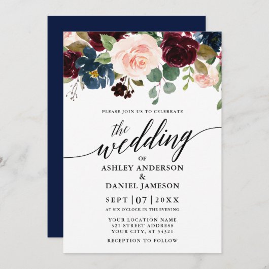 Calligraphy Floral Burgundy Blue Pink Wedding Einladung (Vorne/Hinten)