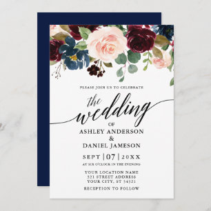 Calligraphy Floral Burgundy Blue Pink Wedding Einladung