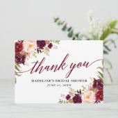 Calligraphy Floral Burgundy Brautparty Dankeskarte (Stehend Vorderseite)