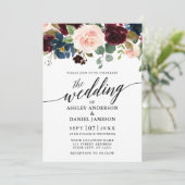 Calligraphy Floral Burgundy Pink Blue Wedding Einladung (Stehend Vorderseite)