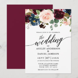 Calligraphy Floral Burgundy Pink Blue Wedding Einladung