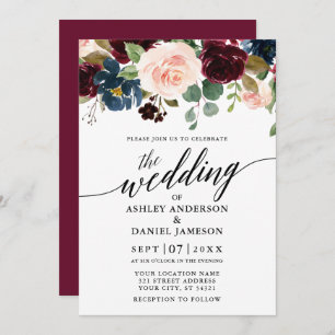 Calligraphy Floral Burgundy Pink Blue Wedding Einladung