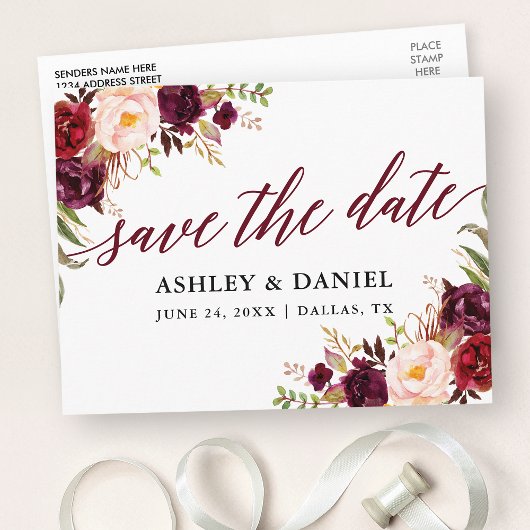 Calligraphy Floral Burgundy Save the Date Postkarte