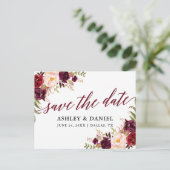 Calligraphy Floral Burgundy Save the Date Postkarte (Stehend Vorderseite)