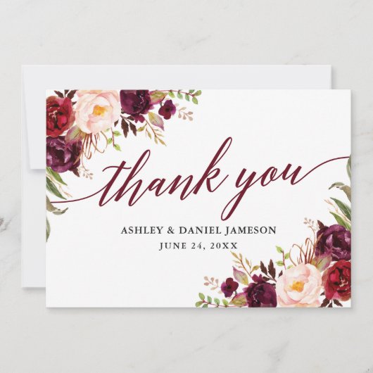 Calligraphy Floral Burgundy Wedding Dankeskarte (Vorderseite)