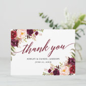 Calligraphy Floral Burgundy Wedding Dankeskarte (Stehend Vorderseite)