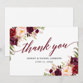 Calligraphy Floral Burgundy Wedding Dankeskarte (Vorne/Hinten)