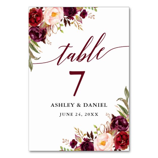 Calligraphy Floral Burgundy Wedding Tischnummer (Vorderseite)
