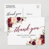 Calligraphy Floral Burgundy Wedding Vielen Dank Postkarte (Vorne/Hinten)