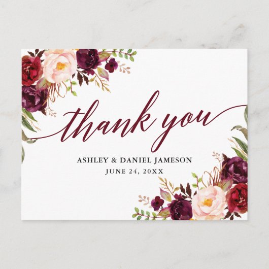 Calligraphy Floral Burgundy Wedding Vielen Dank Postkarte (Vorderseite)