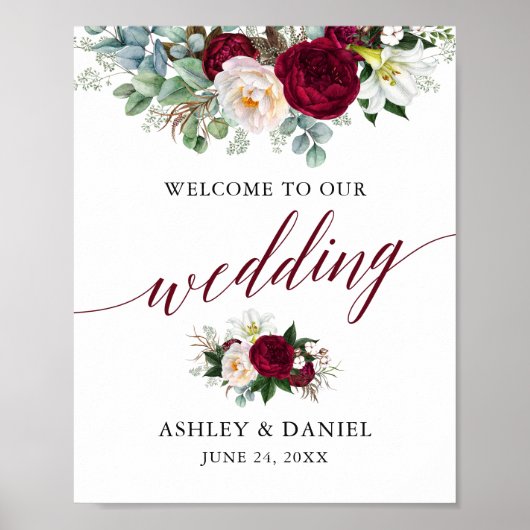 Calligraphy Floral Burgundy Wedding Willkommen Poster (Vorne)