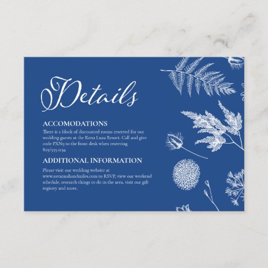 Calligraphy & Floral Marseille Blue Wedding Begleitkarte (Vorderseite)