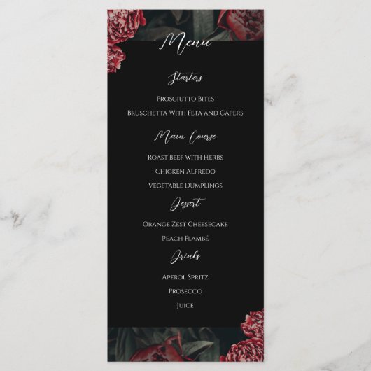 Calligraphy Floral Peony Gothic Wedding Menu Menükarte (Vorderseite)