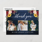 Calligraphy Floral Wedding Blue Wood Vielen Dank Postkarte (Vorne/Hinten)