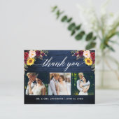 Calligraphy Floral Wedding Blue Wood Vielen Dank Postkarte (Stehend Vorderseite)
