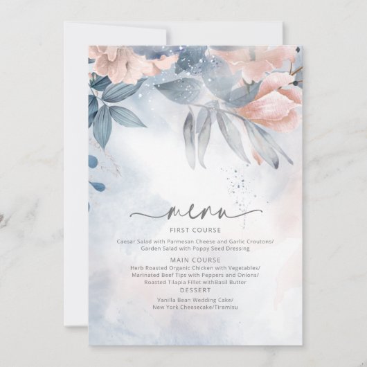 Calligraphy Floral Wedding Menu Blue ID771 (Vorderseite)