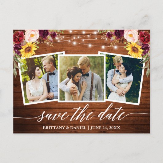 Calligraphy Floral Wood Burgundy Save the Date Postkarte (Vorderseite)