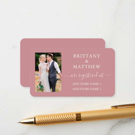 Calligraphy Foto Wedding Registry Dusty Rose Begleitkarte (Vorderseite/Rückseite Beispiel)