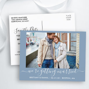 Calligraphy Getting Heiried Blue Save the Date Postkarte