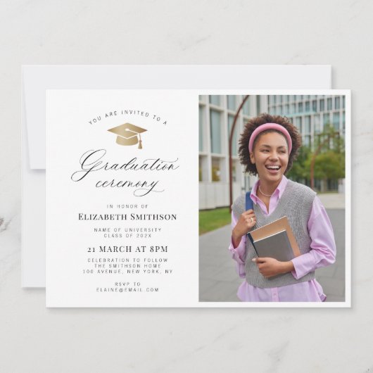 Calligraphy gold cap photo graduation ceremony einladung (Vorderseite)