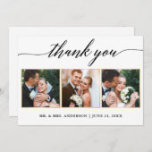 Calligraphy Gold Frames Wedding 3 Foto Dankeskarte (Vorne/Hinten)