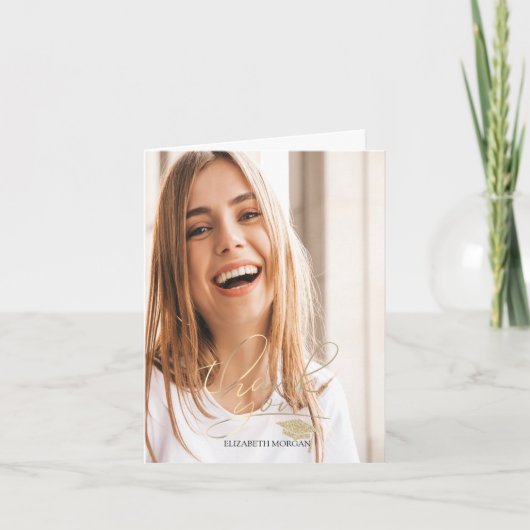 Calligraphy Gold Glitzer Graduation Cap Foto Dankeskarte (Vorderseite)