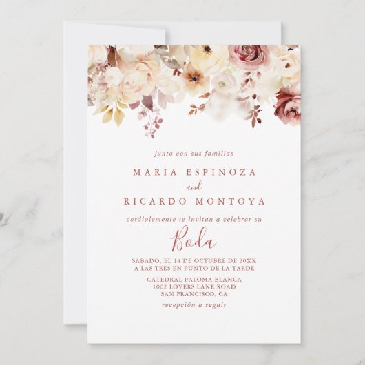 Calligraphy Graceful Floral Boda Spanische Hochzei Einladung (Vorderseite)