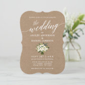 Calligraphy Green Floral Bouquet Wedding Kraft Einladung (Stehend Vorderseite)
