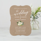 Calligraphy Green Floral Wedding Kraft Foto Einladung (Stehend Vorderseite)