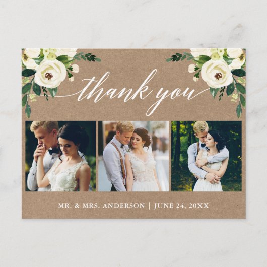 Calligraphy Green Floral Wedding Vielen Dank Kraft Postkarte (Vorderseite)