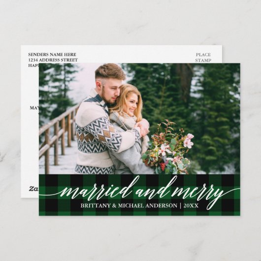 Calligraphy Green Kariert Verheiratet und Merry We Postkarte (Vorne/Hinten)