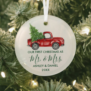 Calligraphy Green Mr. Christmas Red Truck Ornament Aus Glas