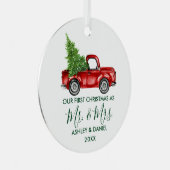 Calligraphy Green Mr. Christmas Red Truck Ornament Aus Metall (Vorderseite Rechts)