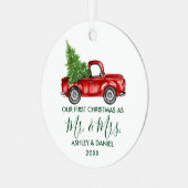 Calligraphy Green Mr. Christmas Red Truck Ornament Aus Metall (Vorderseite links)