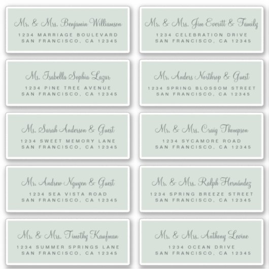 Calligraphy Green Wedding Guest Address Labels (Vorderseite)