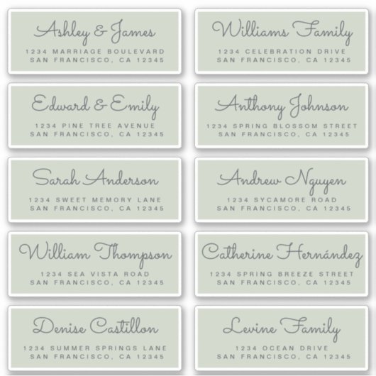Calligraphy Green Wedding Guest Address Labels (Vorderseite)
